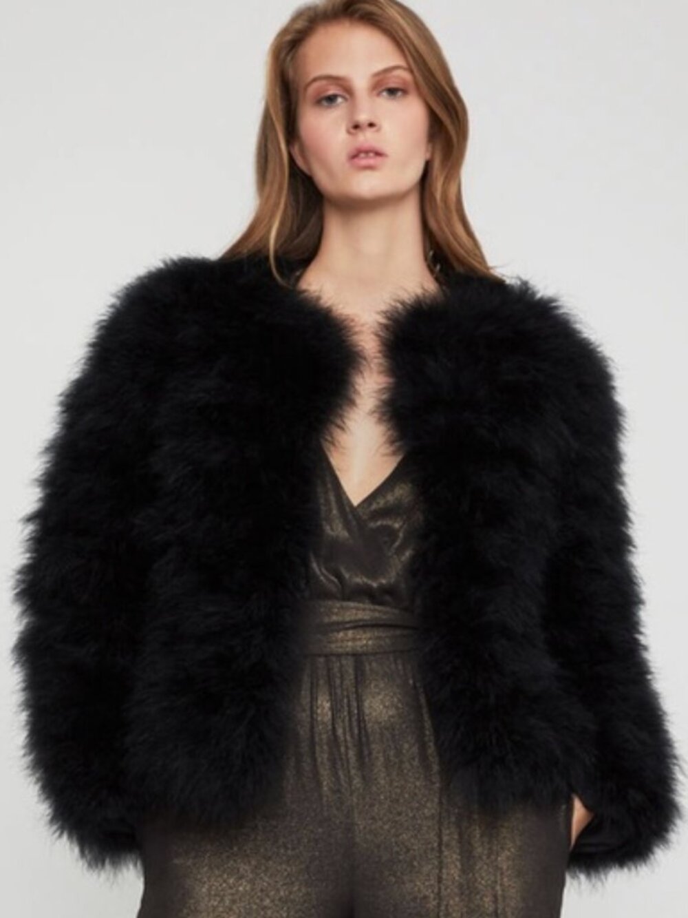 NEW - BCBGMaxAzria "Zoey" Black Ostrich Feather Jacket